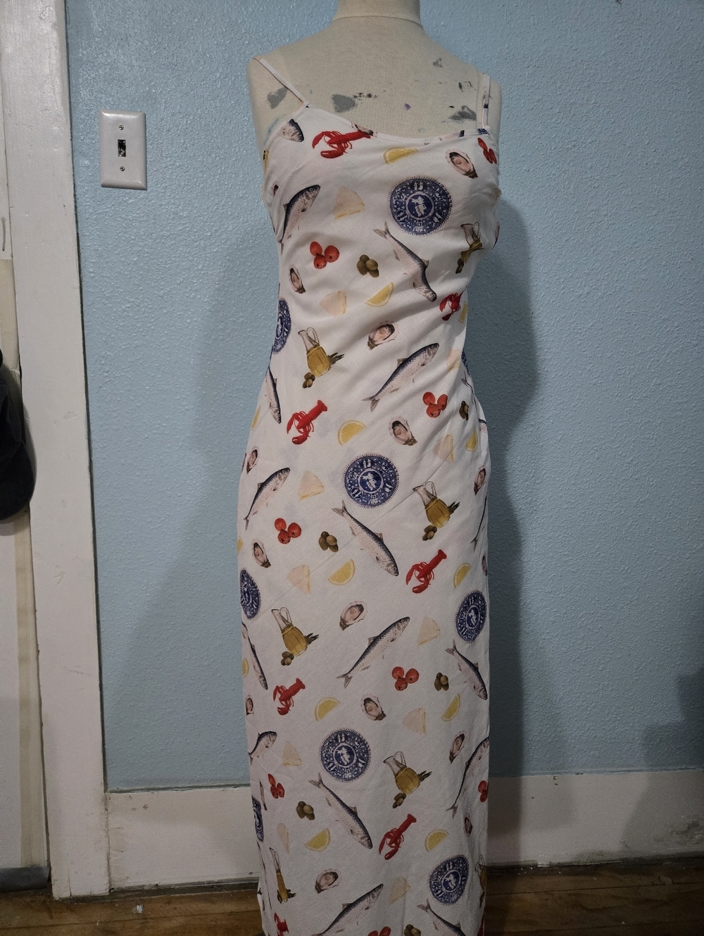 White Seafood-Print Slip Maxi Dress